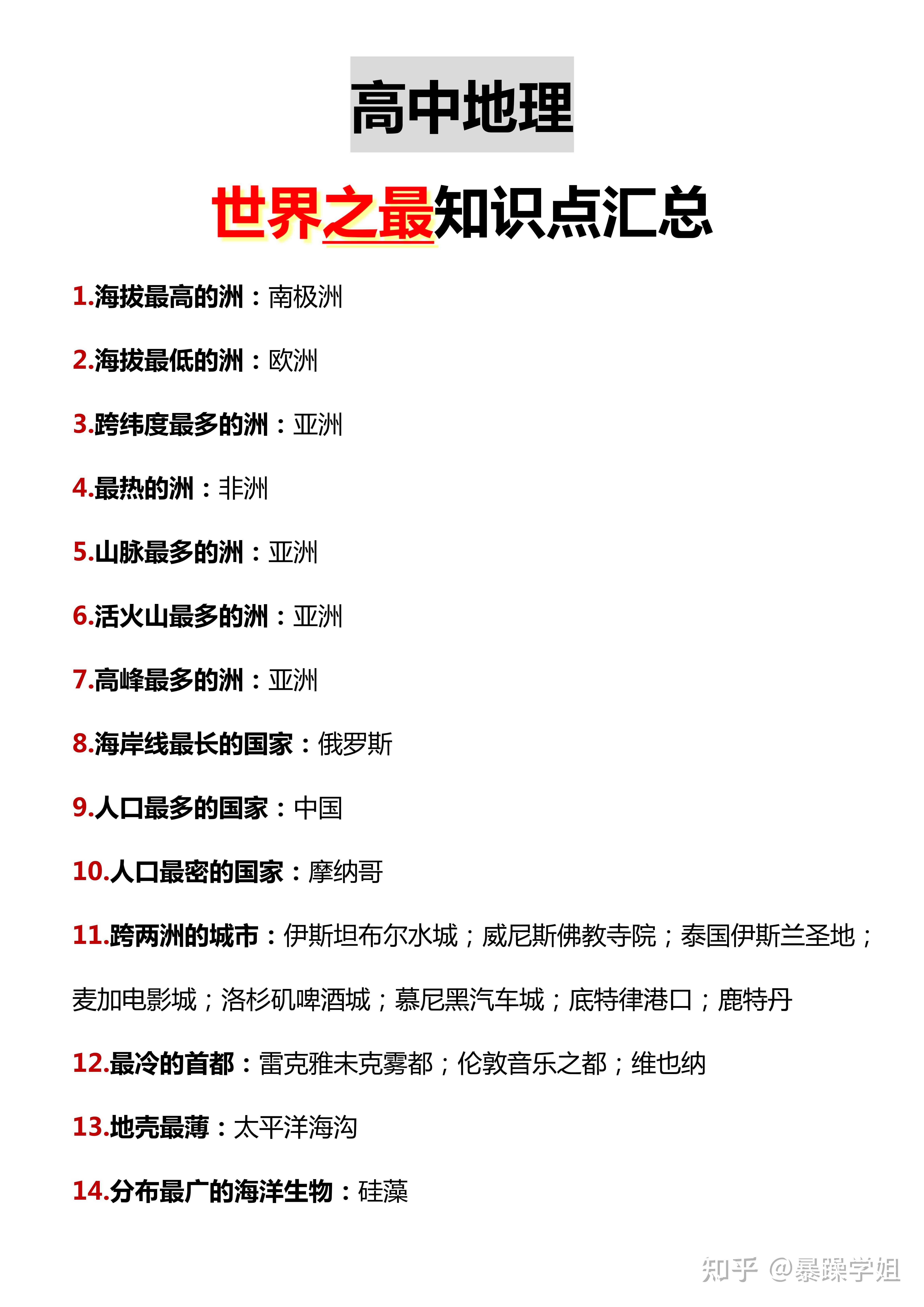 【重磅整理】高中地理“世界之最”知识点汇总，考场秒杀选择 ...97 / 作者:叶505 / 帖子ID:96433