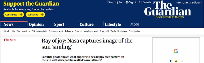 NASA捕捉到「太阳的微笑」，专家警示或有地磁暴袭击地球 ...203 / 作者:liuyp1 / 帖子ID:96442