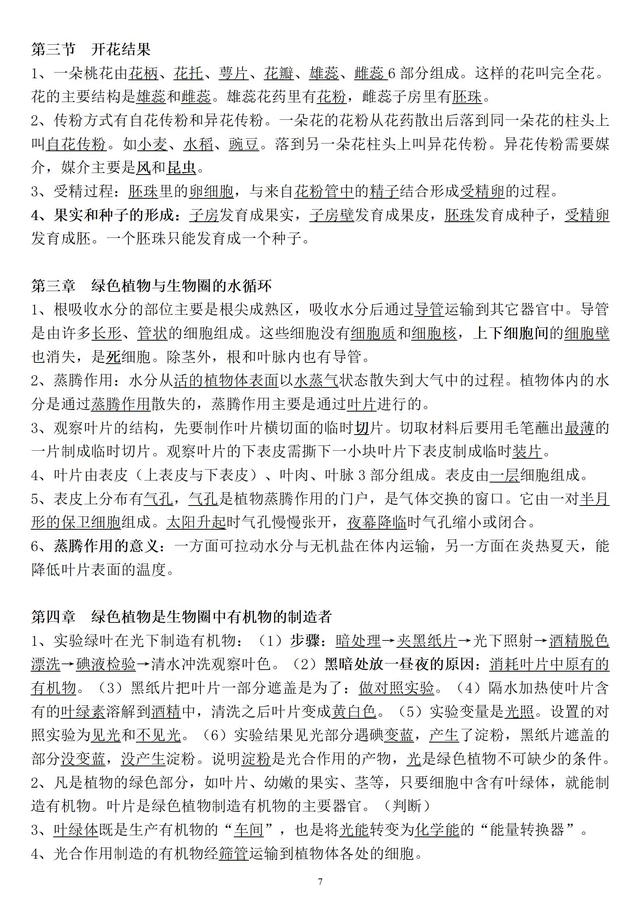 人教版生物：七年级上册重点知识点汇总，考试必考，暑假预习必背998 / 作者:心素如菊棺 / 帖子ID:127924